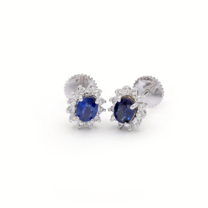 18KT White Gold Pair Of Earrings with Blue Sapphire & Diamonds