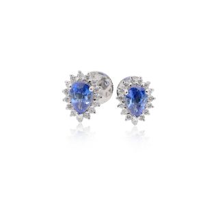 18KT White Gold Pair Of Earrings with Blue Sapphire & Diamonds