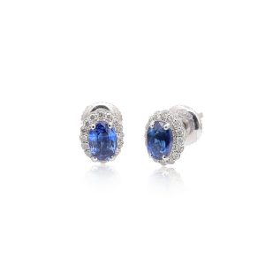 18KT White Gold Pair Of Earrings with Blue Sapphire & Diamonds