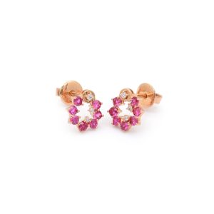 18KT Pink Gold Pair Of Earrings with Rubies & Diamonds