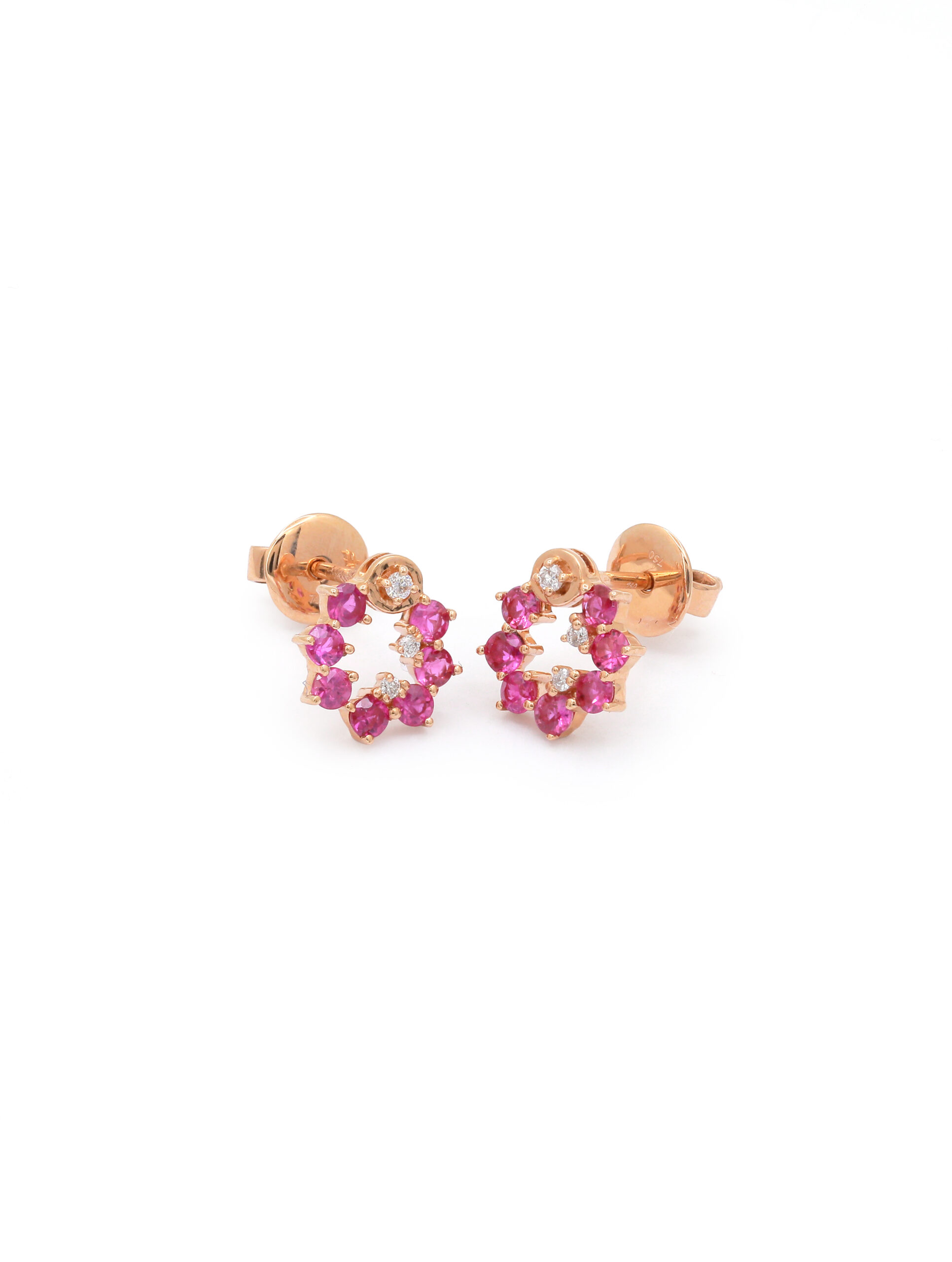18KT Pink Gold Pair Of Earrings with Rubies & Diamonds