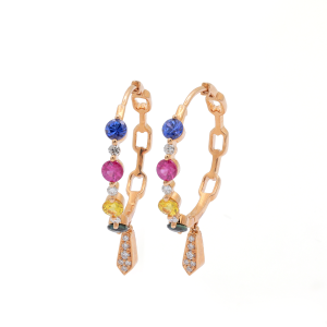 18KT Pink Gold Hoops with Mix Sapphire & Diamonds