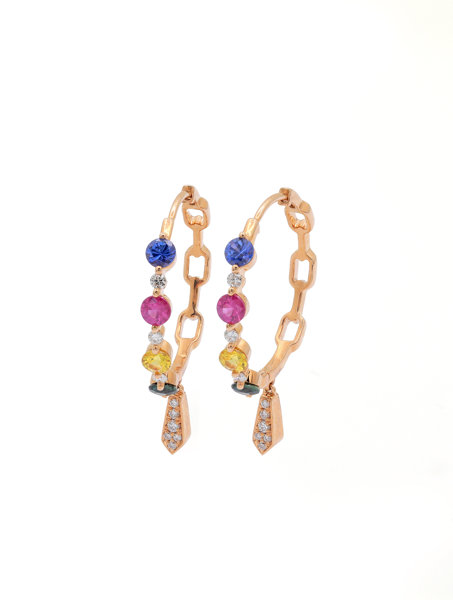 18KT Pink Gold Hoops with Mix Sapphire & Diamonds