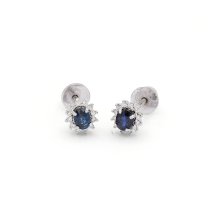 18KT White Gold Pair Of Earrings with Blue Sapphire & Diamonds