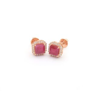 18KT Pink Gold Pair Of Earrings with Rubies & Diamonds