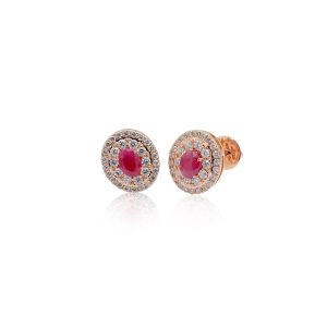 18KT Pink Gold Pair Of Earrings with Rubies & Diamonds