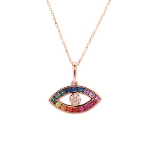 18KT Pink Gold Necklace with Mix Sapphire & Diamonds