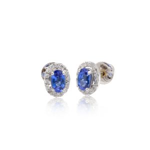 18KT White Gold Pair Of Earrings with Blue Sapphire & Diamonds